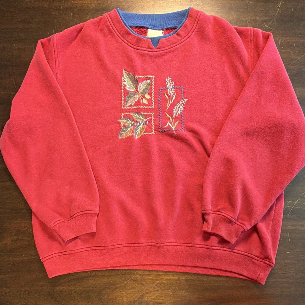 Vtg Womens Red Blue Crewneck Sweatshirt Knit Embroidered Floral Grandma Boho XL